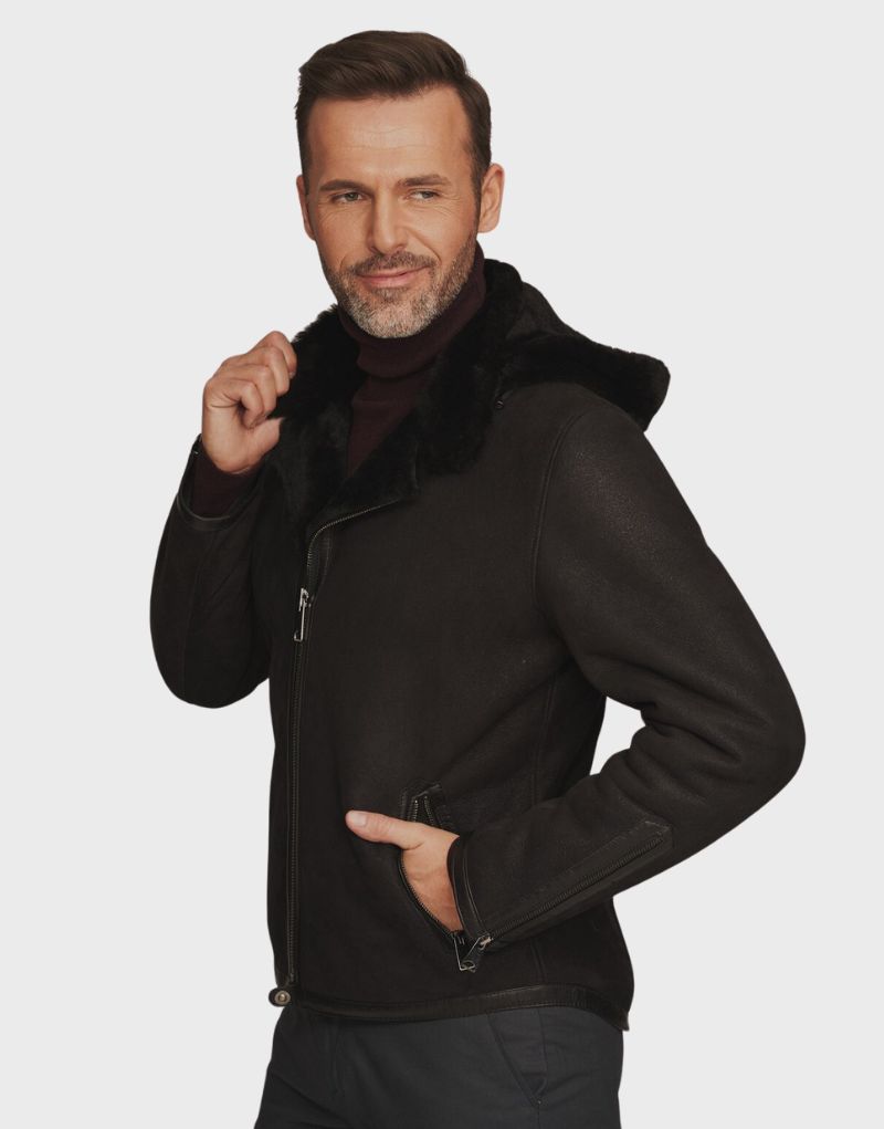 shearling leather hooded jackets for mens