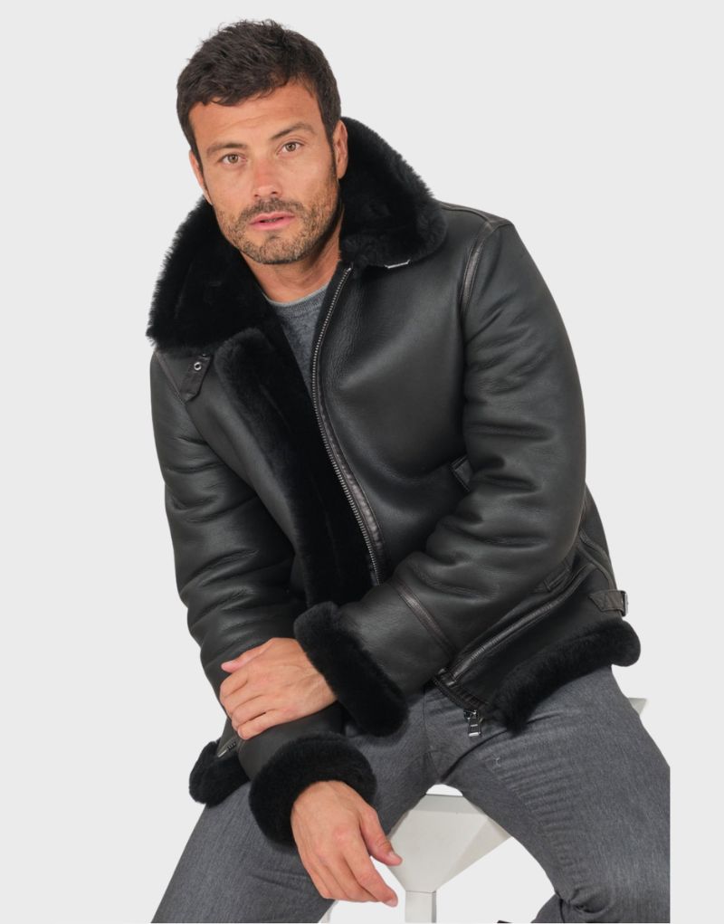 shearling leather jacket black mens
