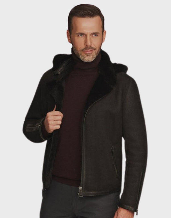 shearling leather jacket with hood