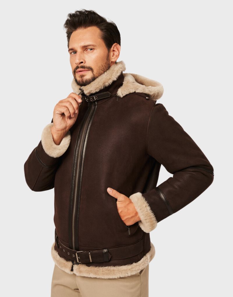 shearling mens leather hooded jackets