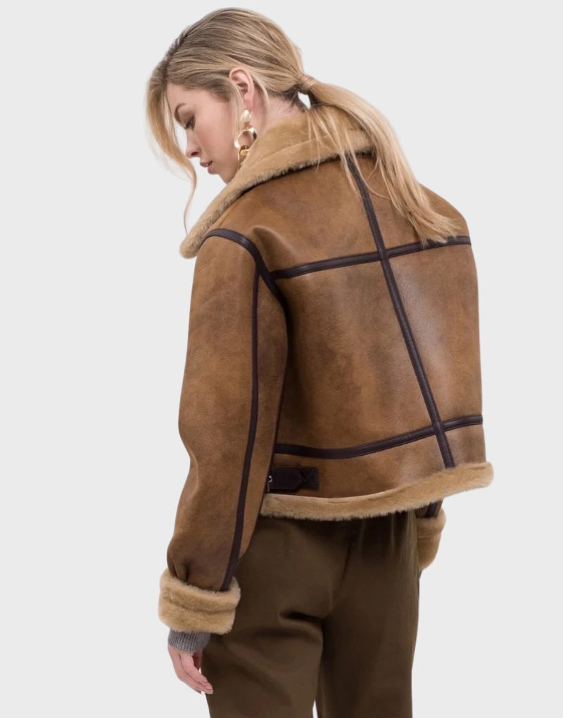 cropped brown shearling jacket